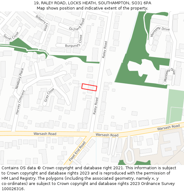 19, RALEY ROAD, LOCKS HEATH, SOUTHAMPTON, SO31 6PA: Location map and indicative extent of plot