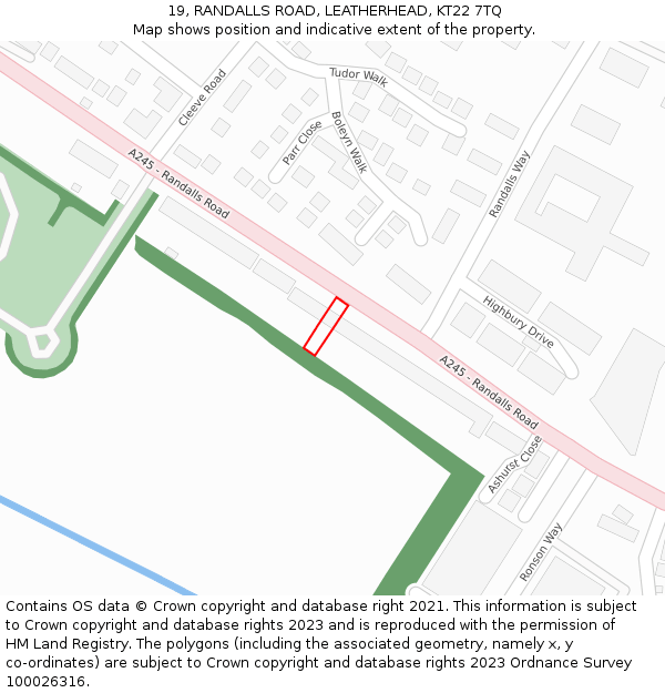 19, RANDALLS ROAD, LEATHERHEAD, KT22 7TQ: Location map and indicative extent of plot