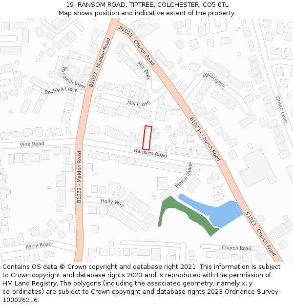 19, RANSOM ROAD, TIPTREE, COLCHESTER, CO5 0TL: Location map and indicative extent of plot