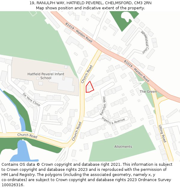 19, RANULPH WAY, HATFIELD PEVEREL, CHELMSFORD, CM3 2RN: Location map and indicative extent of plot