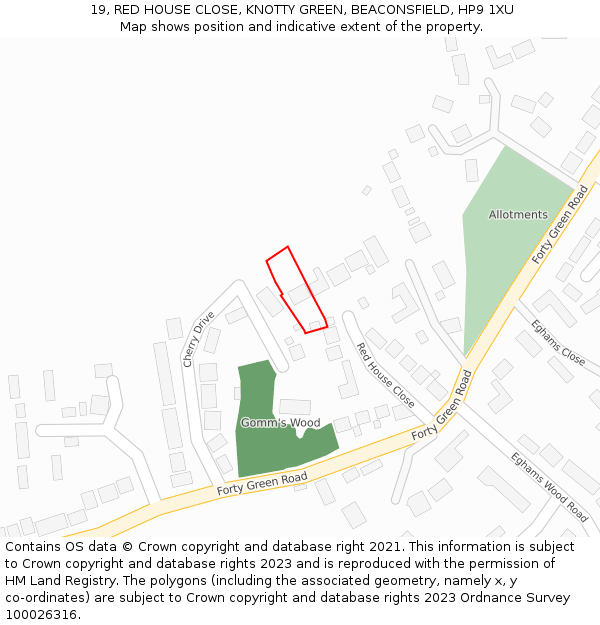 19, RED HOUSE CLOSE, KNOTTY GREEN, BEACONSFIELD, HP9 1XU: Location map and indicative extent of plot