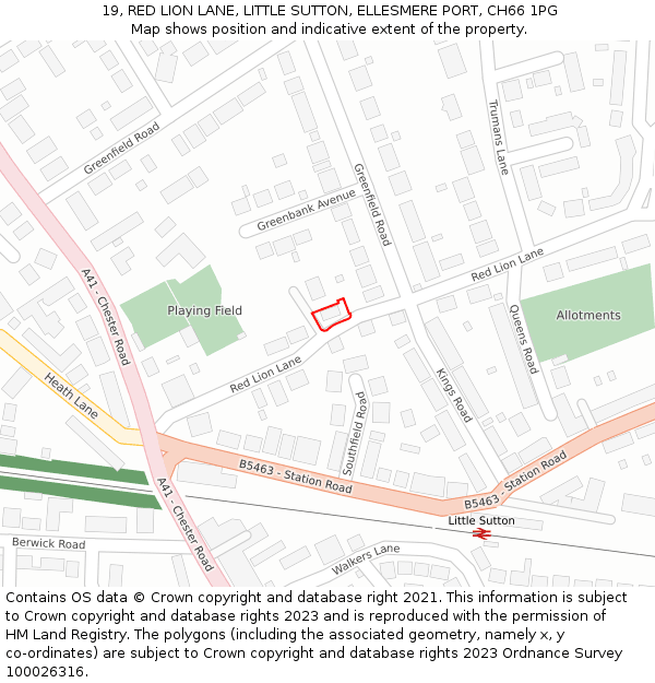 19, RED LION LANE, LITTLE SUTTON, ELLESMERE PORT, CH66 1PG: Location map and indicative extent of plot