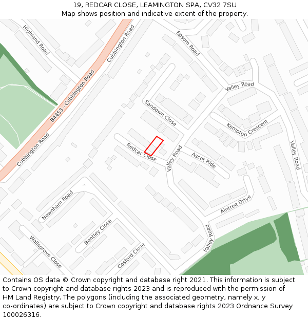 19, REDCAR CLOSE, LEAMINGTON SPA, CV32 7SU: Location map and indicative extent of plot