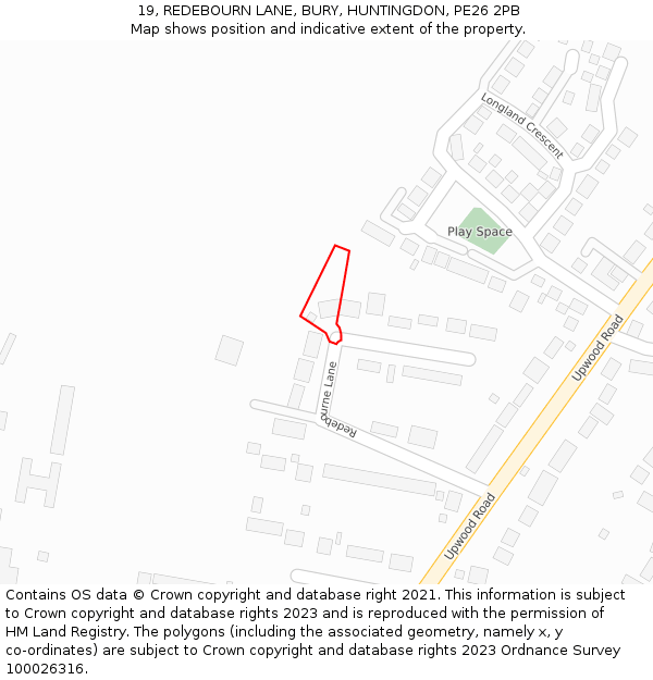 19, REDEBOURN LANE, BURY, HUNTINGDON, PE26 2PB: Location map and indicative extent of plot