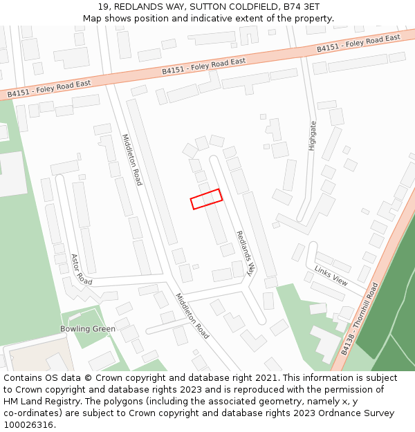 19, REDLANDS WAY, SUTTON COLDFIELD, B74 3ET: Location map and indicative extent of plot