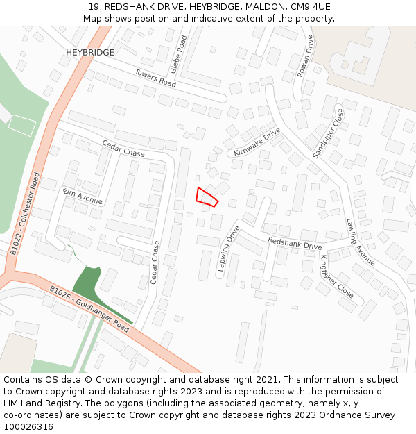 19, REDSHANK DRIVE, HEYBRIDGE, MALDON, CM9 4UE: Location map and indicative extent of plot
