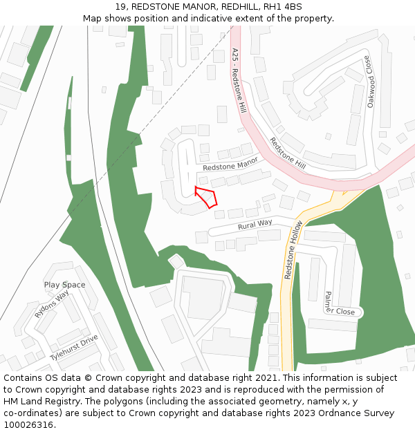 19, REDSTONE MANOR, REDHILL, RH1 4BS: Location map and indicative extent of plot