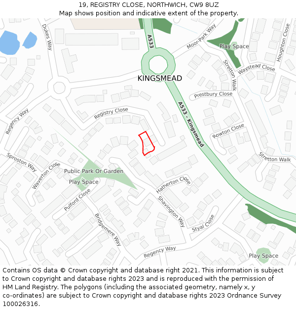 19, REGISTRY CLOSE, NORTHWICH, CW9 8UZ: Location map and indicative extent of plot