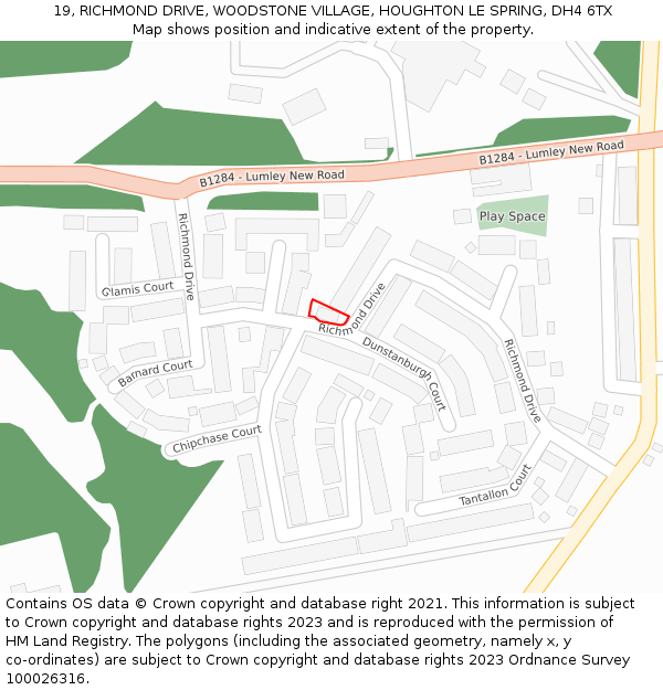 19, RICHMOND DRIVE, WOODSTONE VILLAGE, HOUGHTON LE SPRING, DH4 6TX: Location map and indicative extent of plot