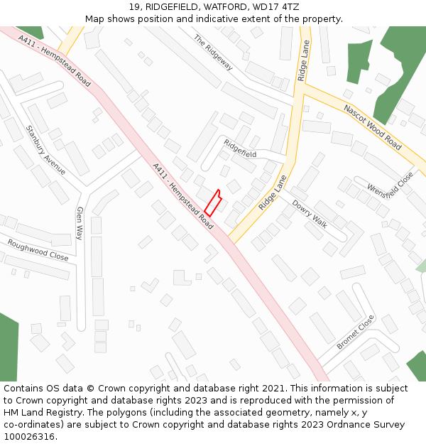 19, RIDGEFIELD, WATFORD, WD17 4TZ: Location map and indicative extent of plot