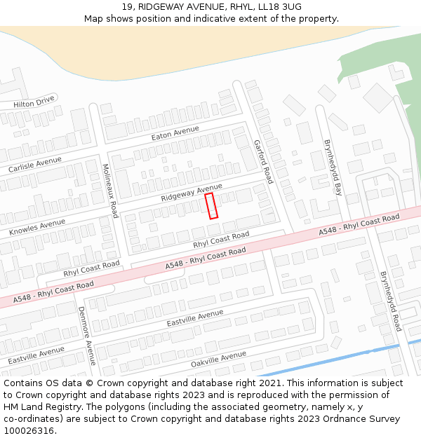 19, RIDGEWAY AVENUE, RHYL, LL18 3UG: Location map and indicative extent of plot