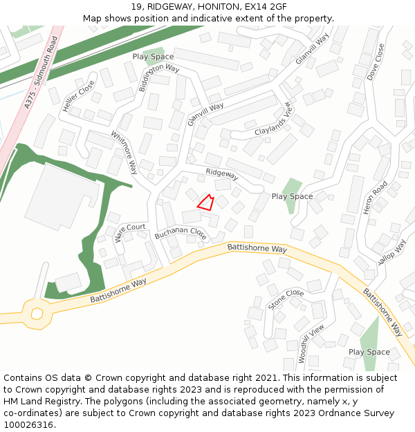 19, RIDGEWAY, HONITON, EX14 2GF: Location map and indicative extent of plot