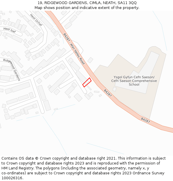 19, RIDGEWOOD GARDENS, CIMLA, NEATH, SA11 3QQ: Location map and indicative extent of plot