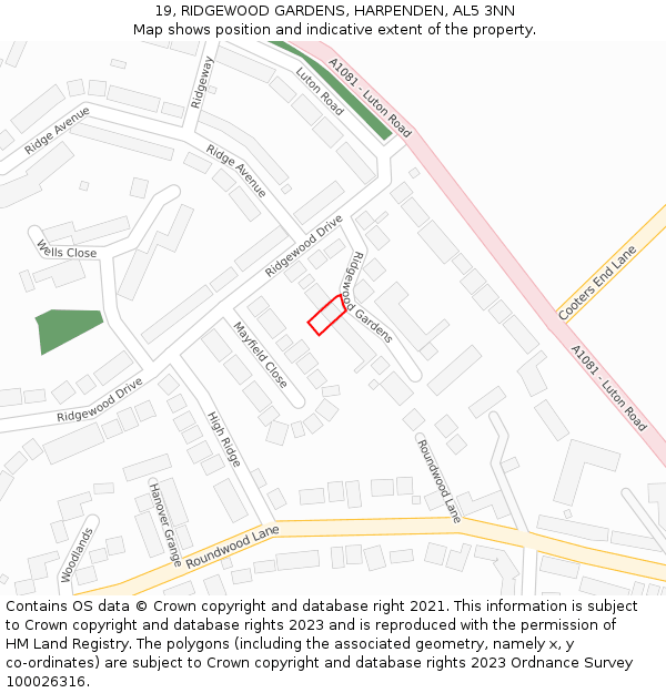 19, RIDGEWOOD GARDENS, HARPENDEN, AL5 3NN: Location map and indicative extent of plot