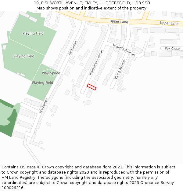 19, RISHWORTH AVENUE, EMLEY, HUDDERSFIELD, HD8 9SB: Location map and indicative extent of plot