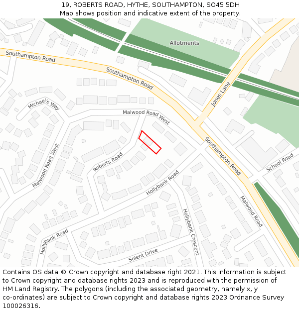 19, ROBERTS ROAD, HYTHE, SOUTHAMPTON, SO45 5DH: Location map and indicative extent of plot