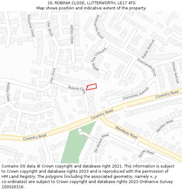 19, ROBINIA CLOSE, LUTTERWORTH, LE17 4FS: Location map and indicative extent of plot