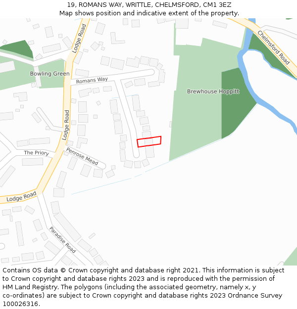 19, ROMANS WAY, WRITTLE, CHELMSFORD, CM1 3EZ: Location map and indicative extent of plot