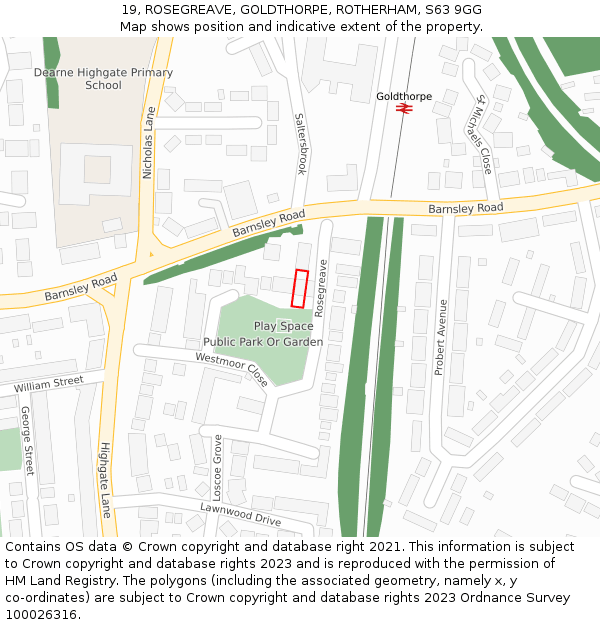 19, ROSEGREAVE, GOLDTHORPE, ROTHERHAM, S63 9GG: Location map and indicative extent of plot