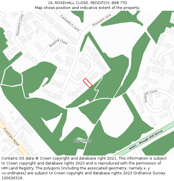 19, ROSEHALL CLOSE, REDDITCH, B98 7YD: Location map and indicative extent of plot