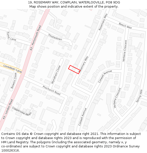 19, ROSEMARY WAY, COWPLAIN, WATERLOOVILLE, PO8 9DG: Location map and indicative extent of plot