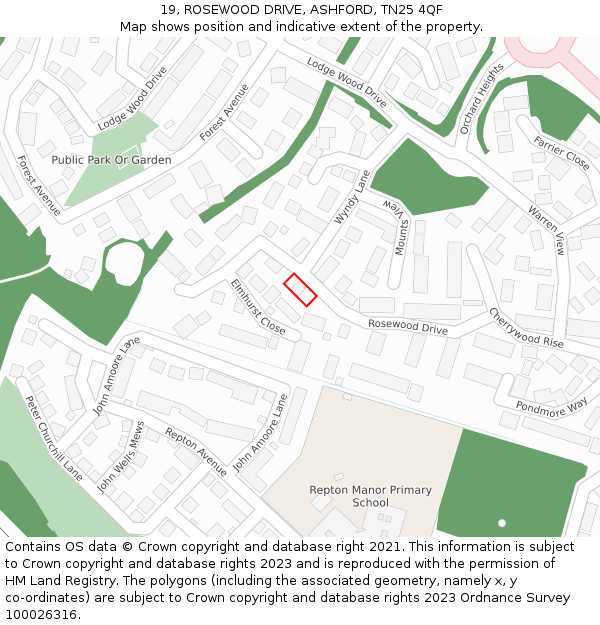 19, ROSEWOOD DRIVE, ASHFORD, TN25 4QF: Location map and indicative extent of plot