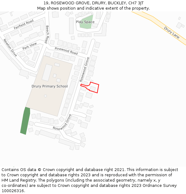 19, ROSEWOOD GROVE, DRURY, BUCKLEY, CH7 3JT: Location map and indicative extent of plot