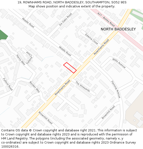 19, ROWNHAMS ROAD, NORTH BADDESLEY, SOUTHAMPTON, SO52 9ES: Location map and indicative extent of plot