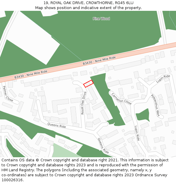 19, ROYAL OAK DRIVE, CROWTHORNE, RG45 6LU: Location map and indicative extent of plot