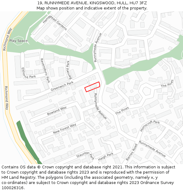 19, RUNNYMEDE AVENUE, KINGSWOOD, HULL, HU7 3FZ: Location map and indicative extent of plot