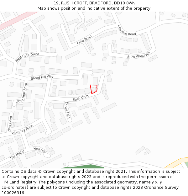 19, RUSH CROFT, BRADFORD, BD10 8WN: Location map and indicative extent of plot