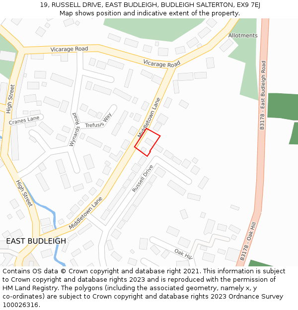 19, RUSSELL DRIVE, EAST BUDLEIGH, BUDLEIGH SALTERTON, EX9 7EJ: Location map and indicative extent of plot