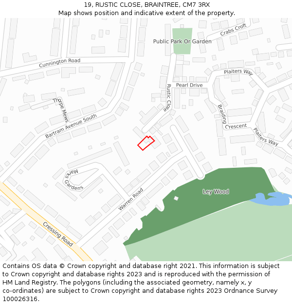 19, RUSTIC CLOSE, BRAINTREE, CM7 3RX: Location map and indicative extent of plot