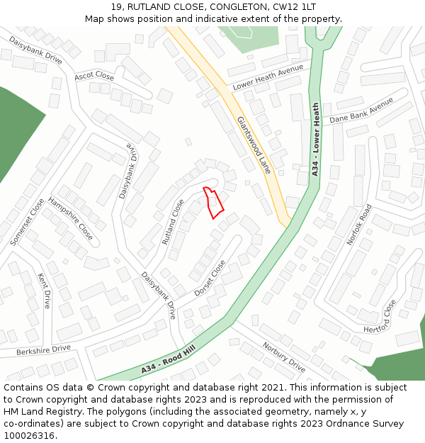 19, RUTLAND CLOSE, CONGLETON, CW12 1LT: Location map and indicative extent of plot
