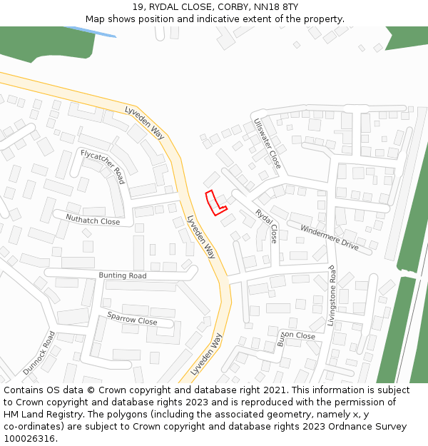 19, RYDAL CLOSE, CORBY, NN18 8TY: Location map and indicative extent of plot