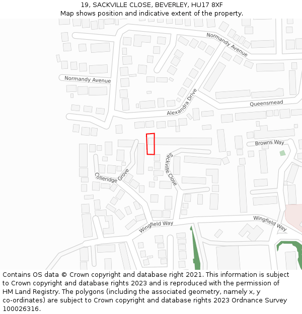 19, SACKVILLE CLOSE, BEVERLEY, HU17 8XF: Location map and indicative extent of plot