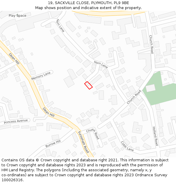 19, SACKVILLE CLOSE, PLYMOUTH, PL9 9BE: Location map and indicative extent of plot