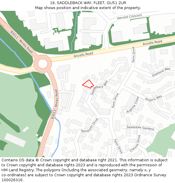 19, SADDLEBACK WAY, FLEET, GU51 2UR: Location map and indicative extent of plot