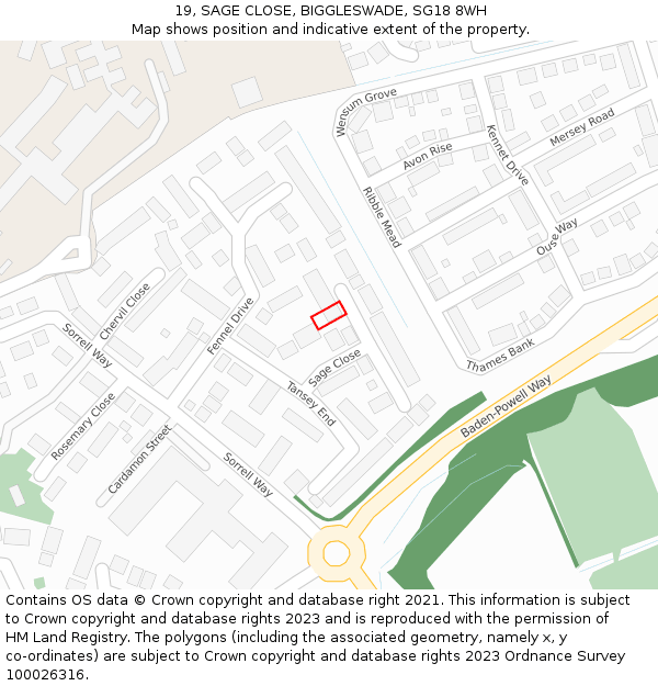 19, SAGE CLOSE, BIGGLESWADE, SG18 8WH: Location map and indicative extent of plot