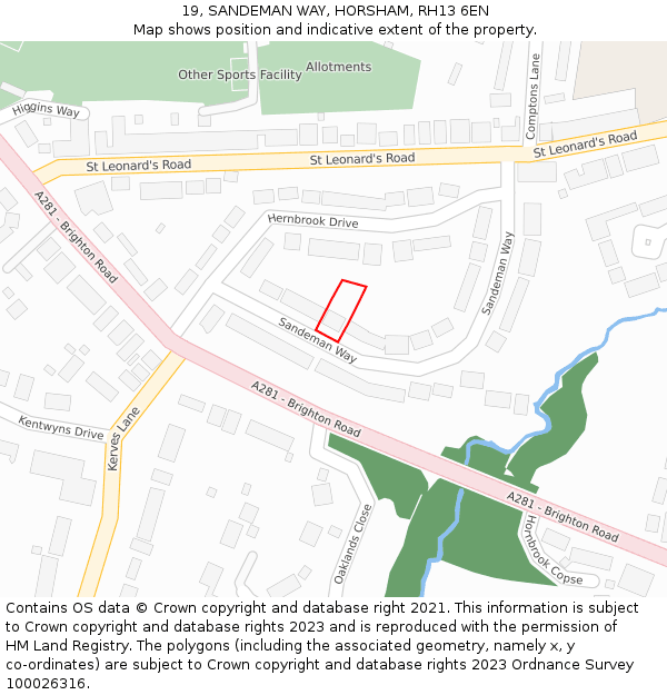 19, SANDEMAN WAY, HORSHAM, RH13 6EN: Location map and indicative extent of plot