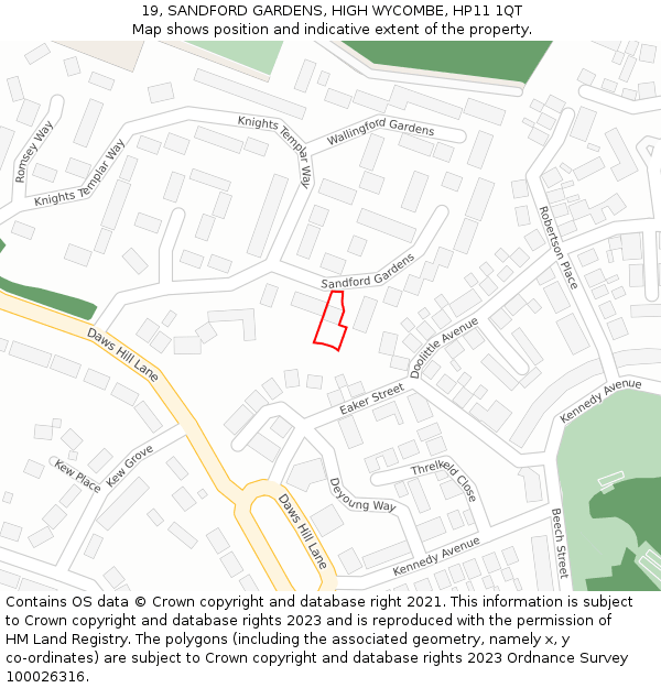 19, SANDFORD GARDENS, HIGH WYCOMBE, HP11 1QT: Location map and indicative extent of plot