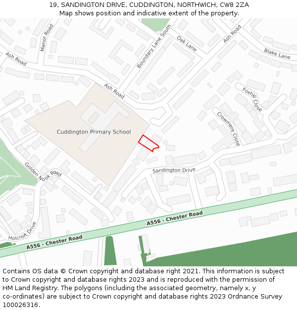 19, SANDINGTON DRIVE, CUDDINGTON, NORTHWICH, CW8 2ZA: Location map and indicative extent of plot