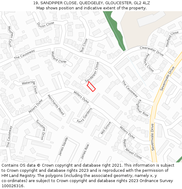 19, SANDPIPER CLOSE, QUEDGELEY, GLOUCESTER, GL2 4LZ: Location map and indicative extent of plot