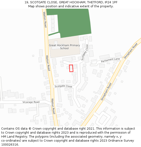 19, SCOTGATE CLOSE, GREAT HOCKHAM, THETFORD, IP24 1PF: Location map and indicative extent of plot