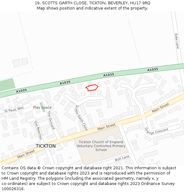 19, SCOTTS GARTH CLOSE, TICKTON, BEVERLEY, HU17 9RQ: Location map and indicative extent of plot