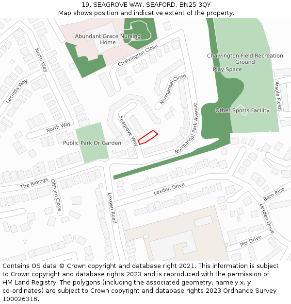 19, SEAGROVE WAY, SEAFORD, BN25 3QY: Location map and indicative extent of plot