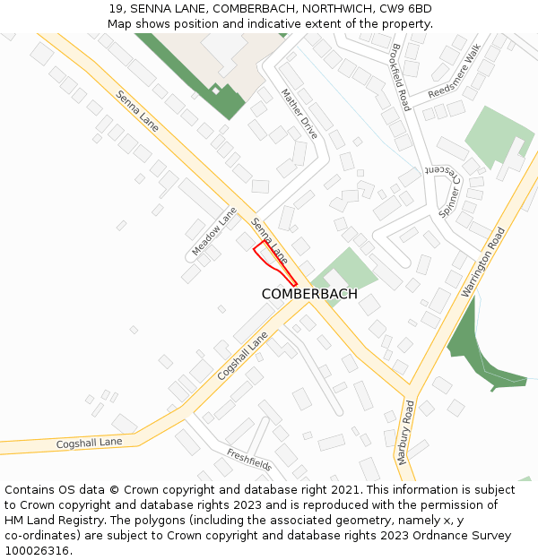 19, SENNA LANE, COMBERBACH, NORTHWICH, CW9 6BD: Location map and indicative extent of plot