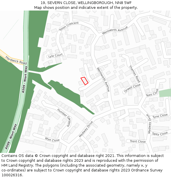 19, SEVERN CLOSE, WELLINGBOROUGH, NN8 5WF: Location map and indicative extent of plot