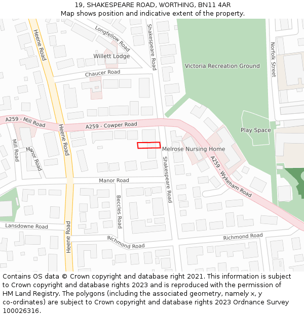 19, SHAKESPEARE ROAD, WORTHING, BN11 4AR: Location map and indicative extent of plot