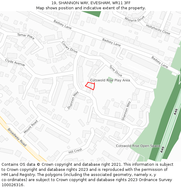 19, SHANNON WAY, EVESHAM, WR11 3FF: Location map and indicative extent of plot